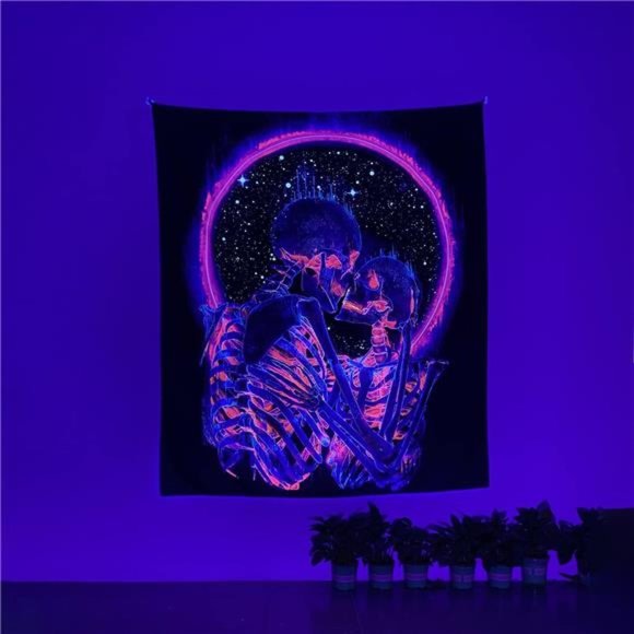 Blacklight Skull Tapestry, The Kissing Lovers Tapestry UV Reactive Trippy Neon - Picture 4 of 6